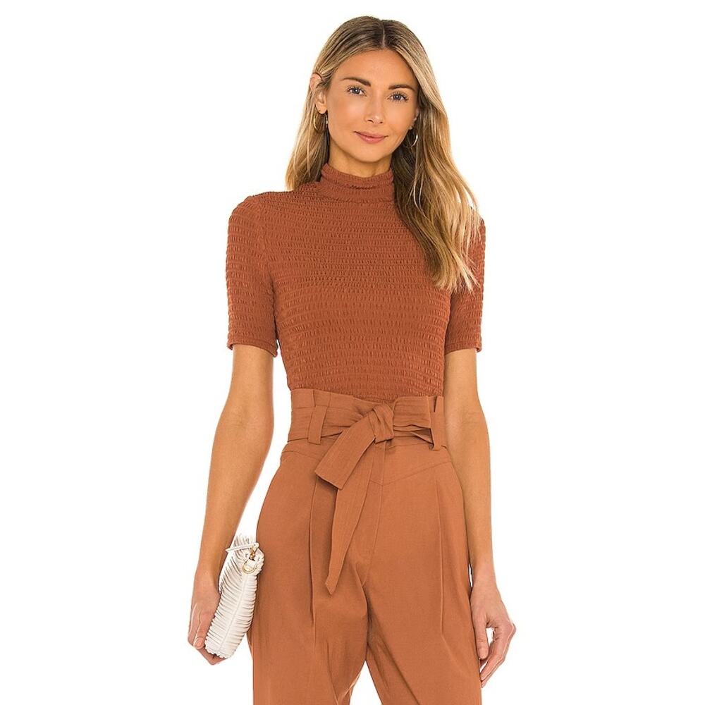 A.L.C. Dana Smocked Mock Neck Crop Top Deep‎ Amber Orange Brown Large